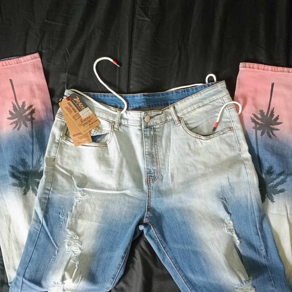 Blue and Pink Ombre Jeans with Palm Tree Design